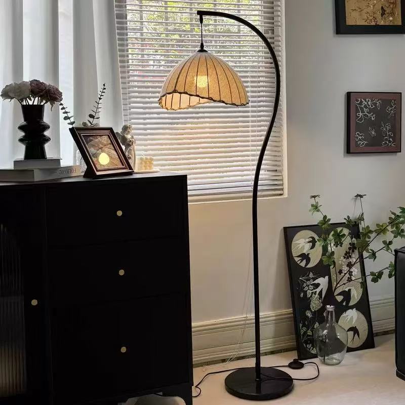 Arc Floor Lamp with Linen Dome Shade | Modern Curved Standing Light for Living Room & Bedroom