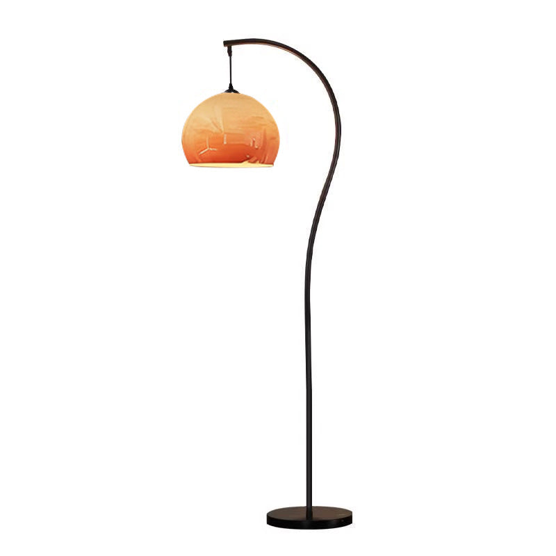 Arc Floor Lamp with Amber Glass Shade | Modern Wood-Tone Standing Light for Living Room & Bedroom