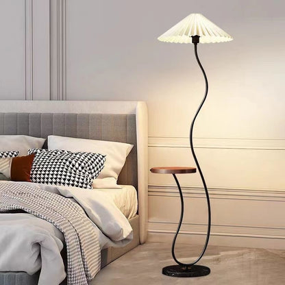 Wave-Shaped Floor Lamp with Side Table | Modern Standing Lamp with Pleated Shade for Bedroom & Living Room