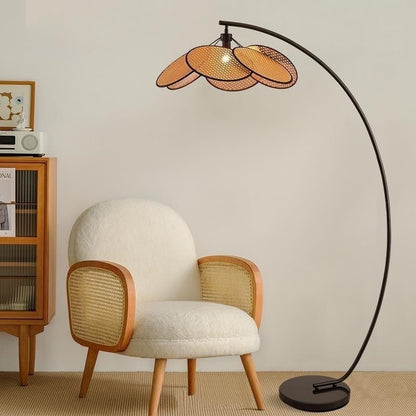 Bohemian Arc Floor Lamp with Multi-Layer Rattan Shade - Warm Natural Glow for Cozy Home Decor