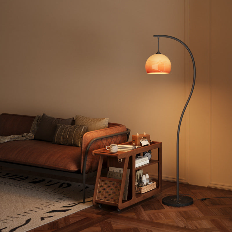 Arc Floor Lamp with Amber Glass Shade | Modern Wood-Tone Standing Light for Living Room & Bedroom
