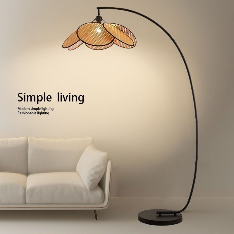 Bohemian Arc Floor Lamp with Multi-Layer Rattan Shade - Warm Natural Glow for Cozy Home Decor