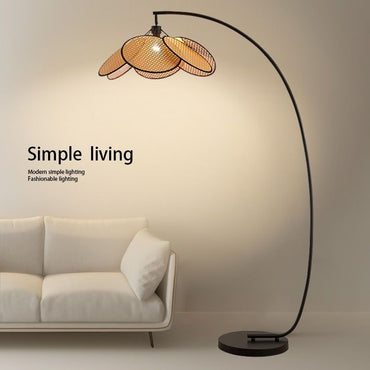 Bohemian Arc Floor Lamp with Multi-Layer Rattan Shade - Warm Natural Glow for Cozy Home Decor