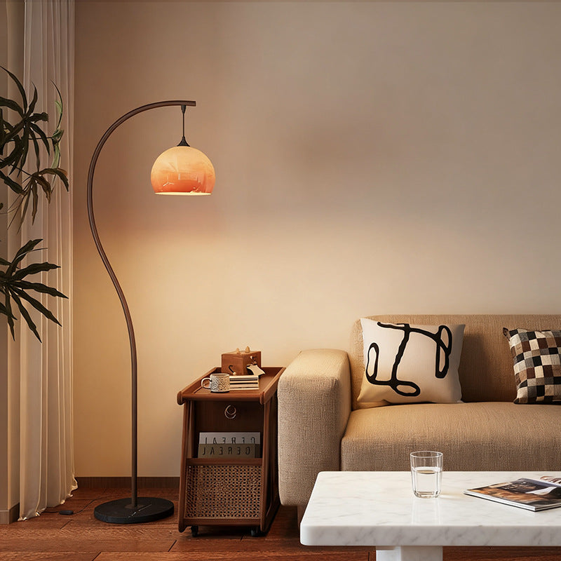 Arc Floor Lamp with Amber Glass Shade | Modern Wood-Tone Standing Light for Living Room & Bedroom
