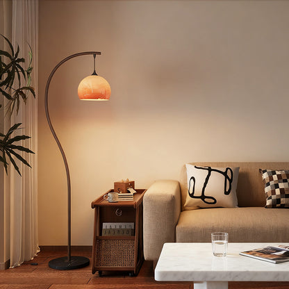 Arc Floor Lamp with Amber Glass Shade | Modern Wood-Tone Standing Light for Living Room & Bedroom