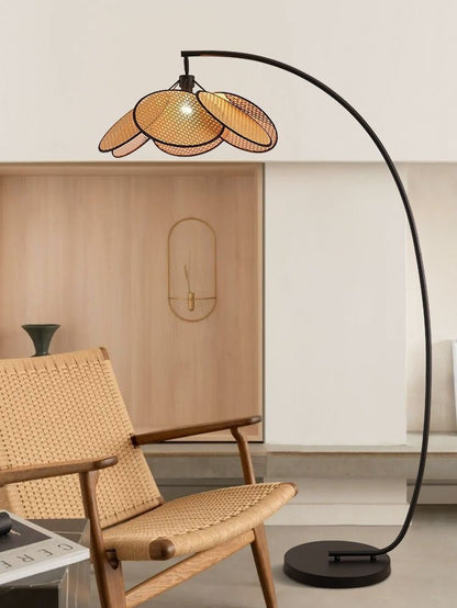 Bohemian Arc Floor Lamp with Multi-Layer Rattan Shade - Warm Natural Glow for Cozy Home Decor