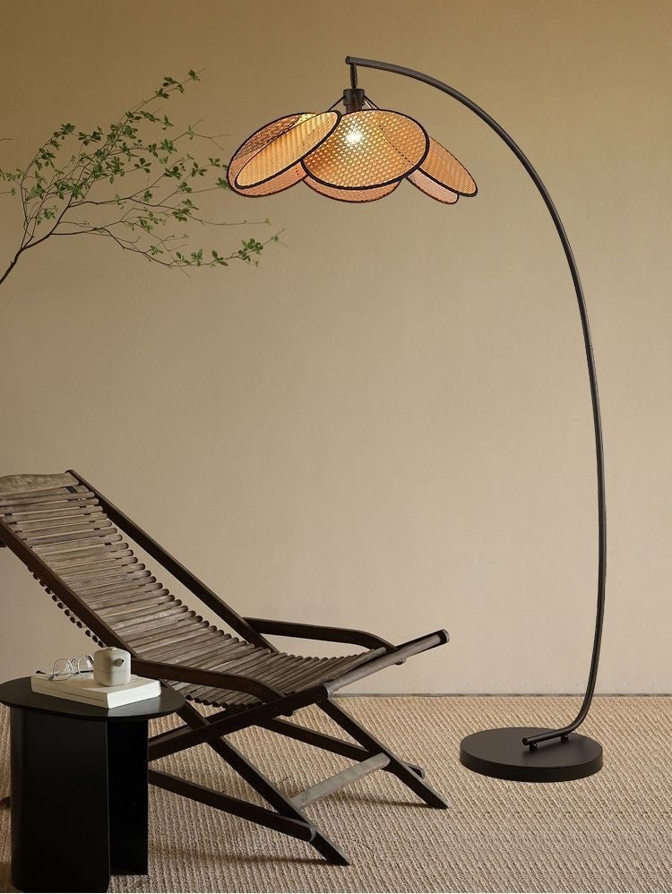 Bohemian Arc Floor Lamp with Multi-Layer Rattan Shade - Warm Natural Glow for Cozy Home Decor