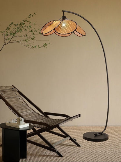 Bohemian Arc Floor Lamp with Multi-Layer Rattan Shade - Warm Natural Glow for Cozy Home Decor
