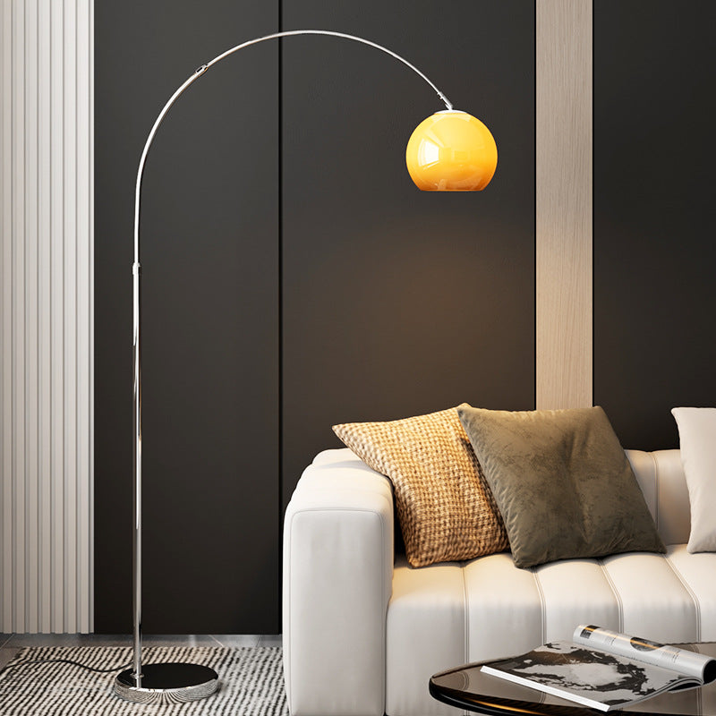 Mid-Century Modern Arc Floor Lamp with Warm Amber Glass Shade - Chrome Finish