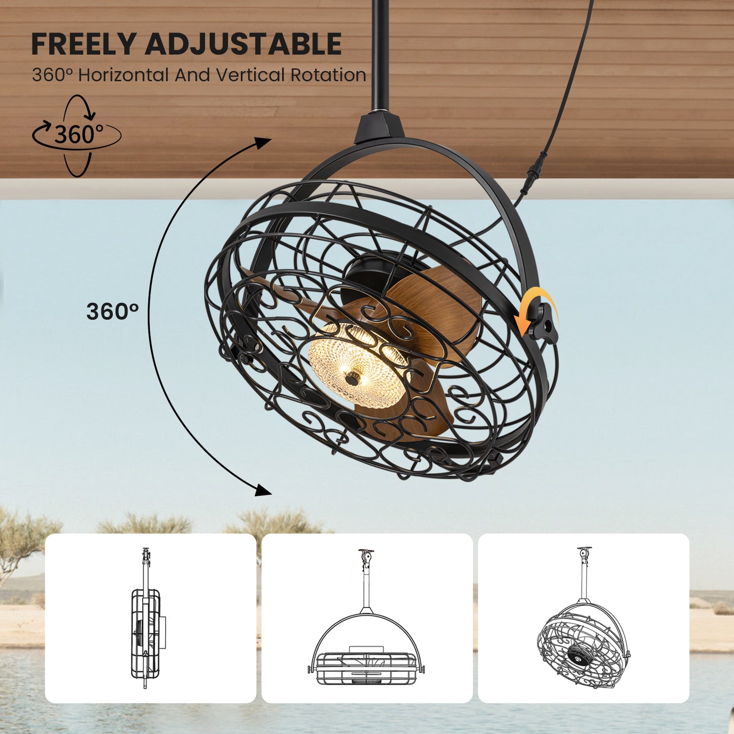 23in Outdoor Ceiling Fans with Lights, Gazebo Fan Wet Rated Remote&APP Control