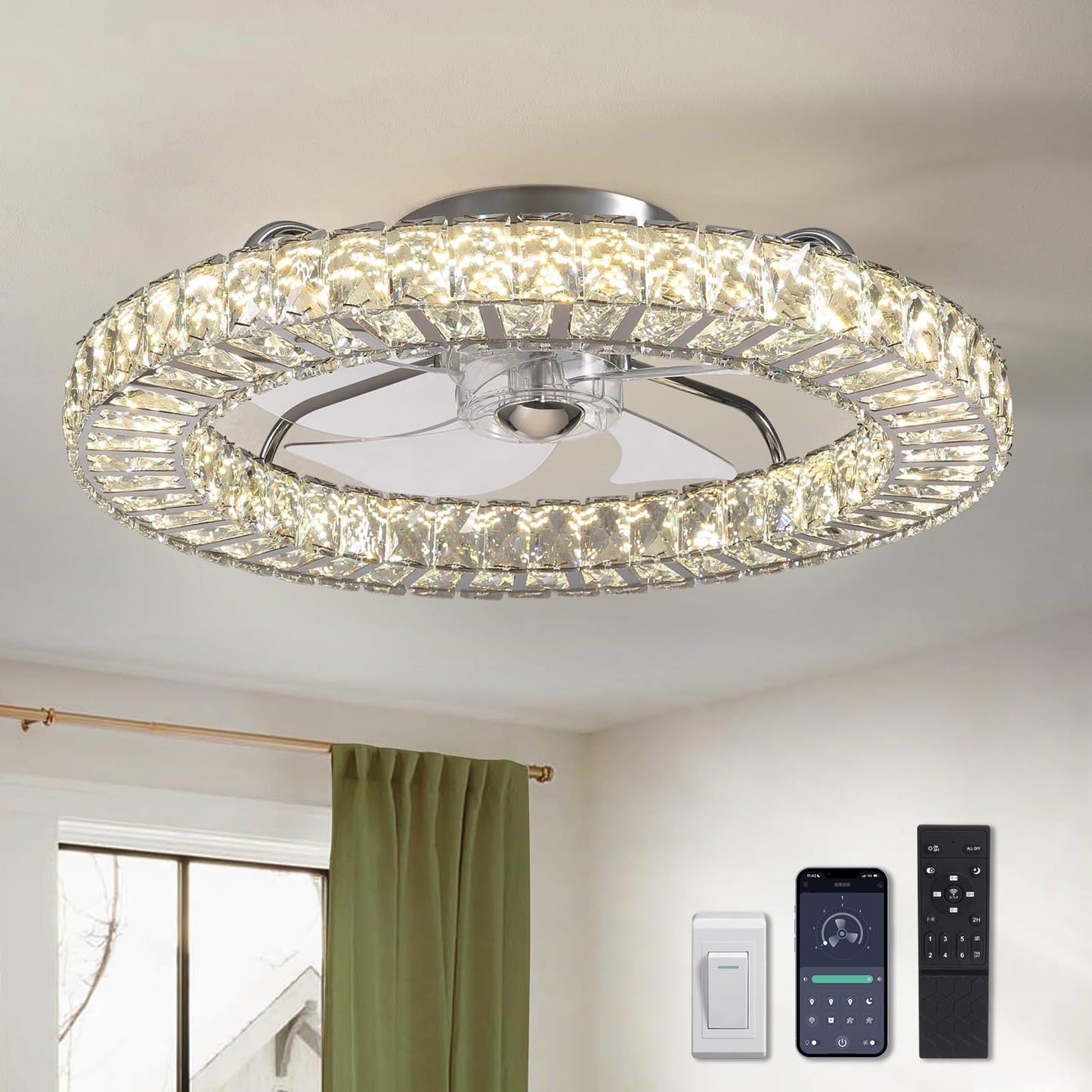 22 in. LED Smart Indoor Chrome Flush Mount Fandelier Low Profile Ceiling Fan with 3 Color Change and Remote Control
