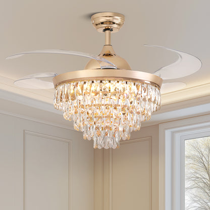 Luxury Gold Retractable Crystal Ceiling Fan with Light - Modern Chandelier Fan for Living & Dining Room