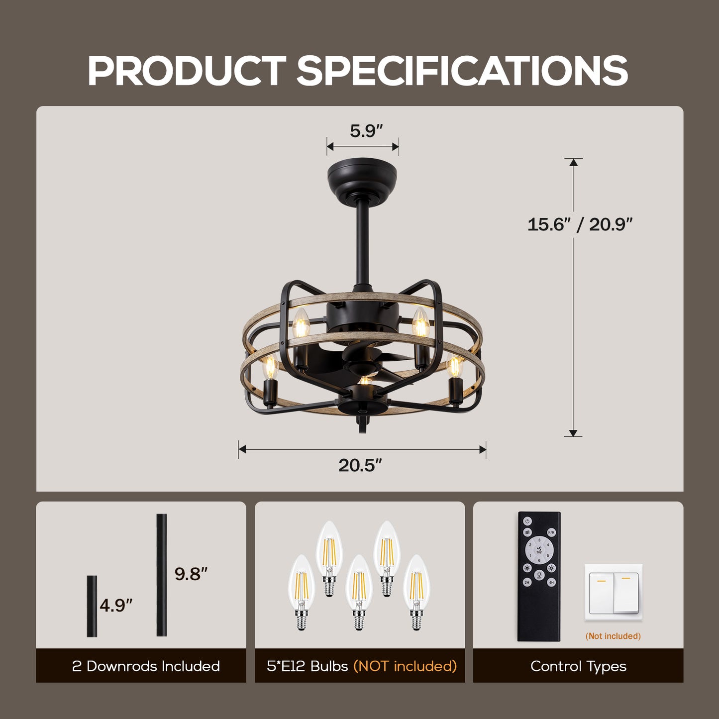 20in Indoor Farmhouse Black Caged Ceiling Fan with Remote Fandelier No Bulb for Kitchen