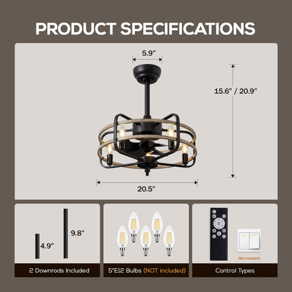 20in Indoor Farmhouse Black Caged Ceiling Fan with Remote Fandelier No Bulb for Kitchen