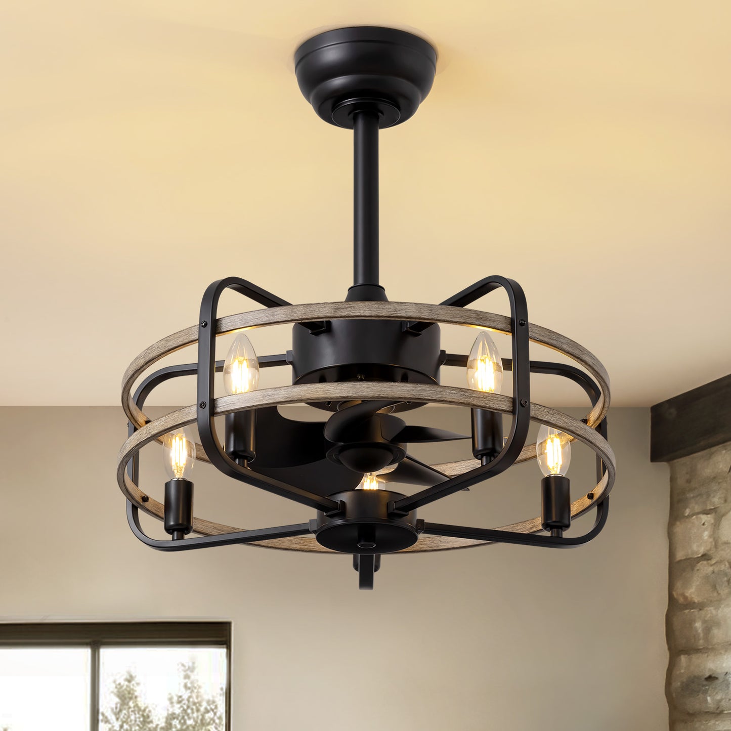 20in Indoor Farmhouse Black Caged Ceiling Fan with Remote Fandelier No Bulb for Kitchen