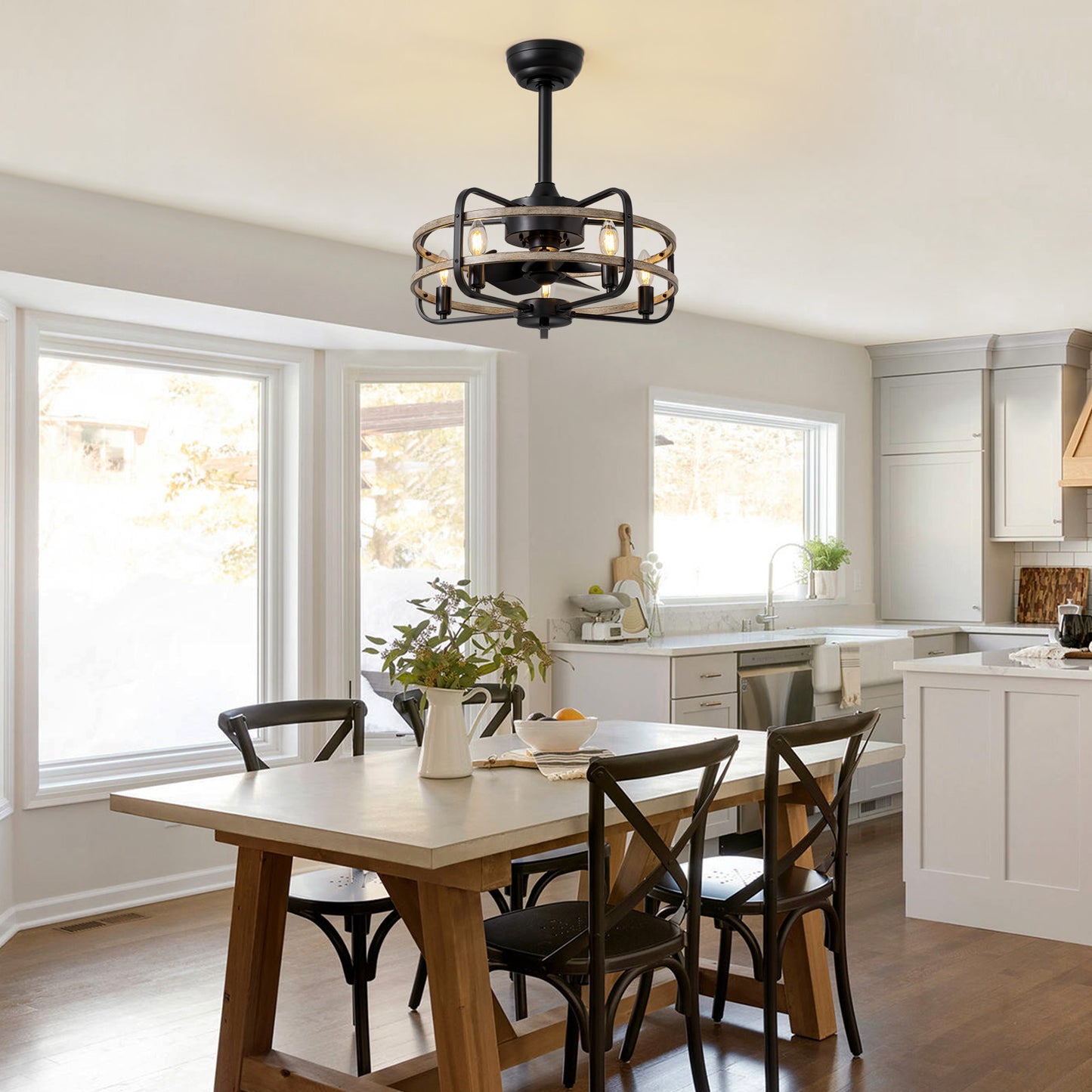 20in Indoor Farmhouse Black Caged Ceiling Fan with Remote Fandelier No Bulb for Kitchen