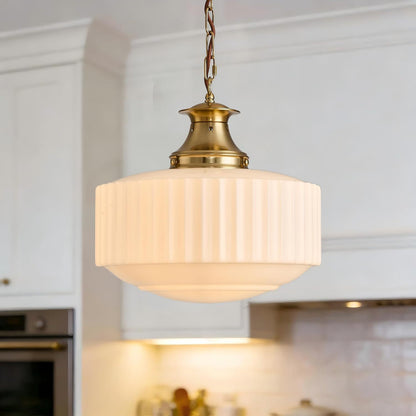 Vintage Ribbed Milk Glass Pendant Light with Brushed Brass – Modern Farmhouse & Kitchen Island Hanging Light