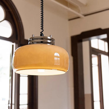 Vintage Amber Glass Pendant Light with Adjustable Coiled Cord – Mid-Century Modern Kitchen Island Hanging Light