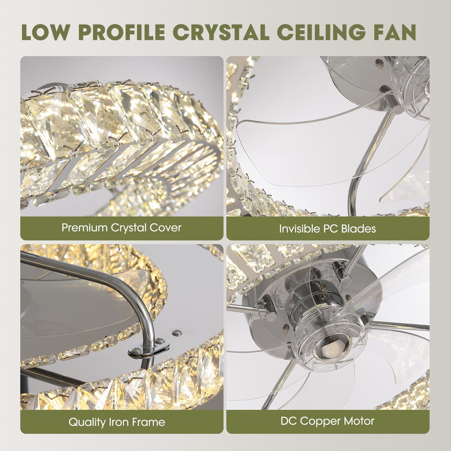22 in. LED Smart Indoor Chrome Flush Mount Fandelier Low Profile Ceiling Fan with 3 Color Change and Remote Control
