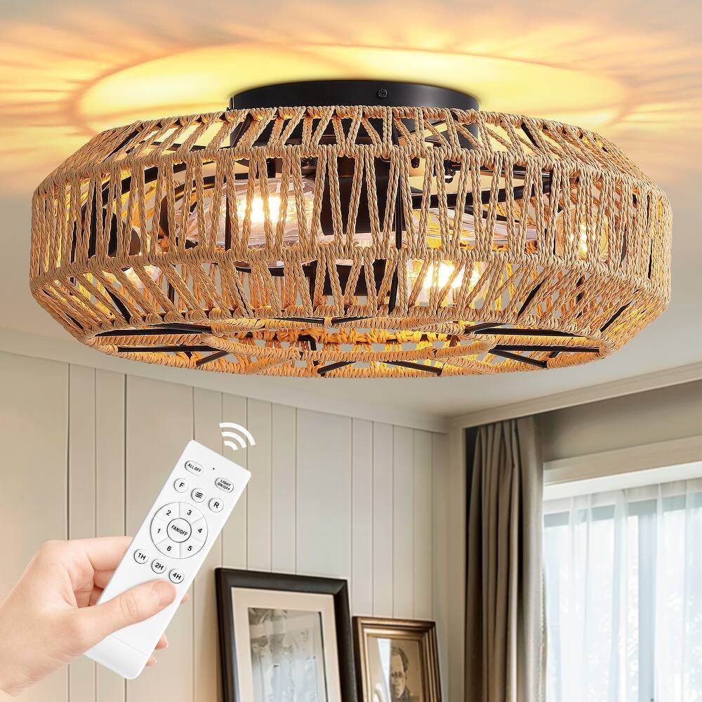 19.3in Rattan Ceiling Fan with 4 Blades & Remote Control(No Bulbs Included)