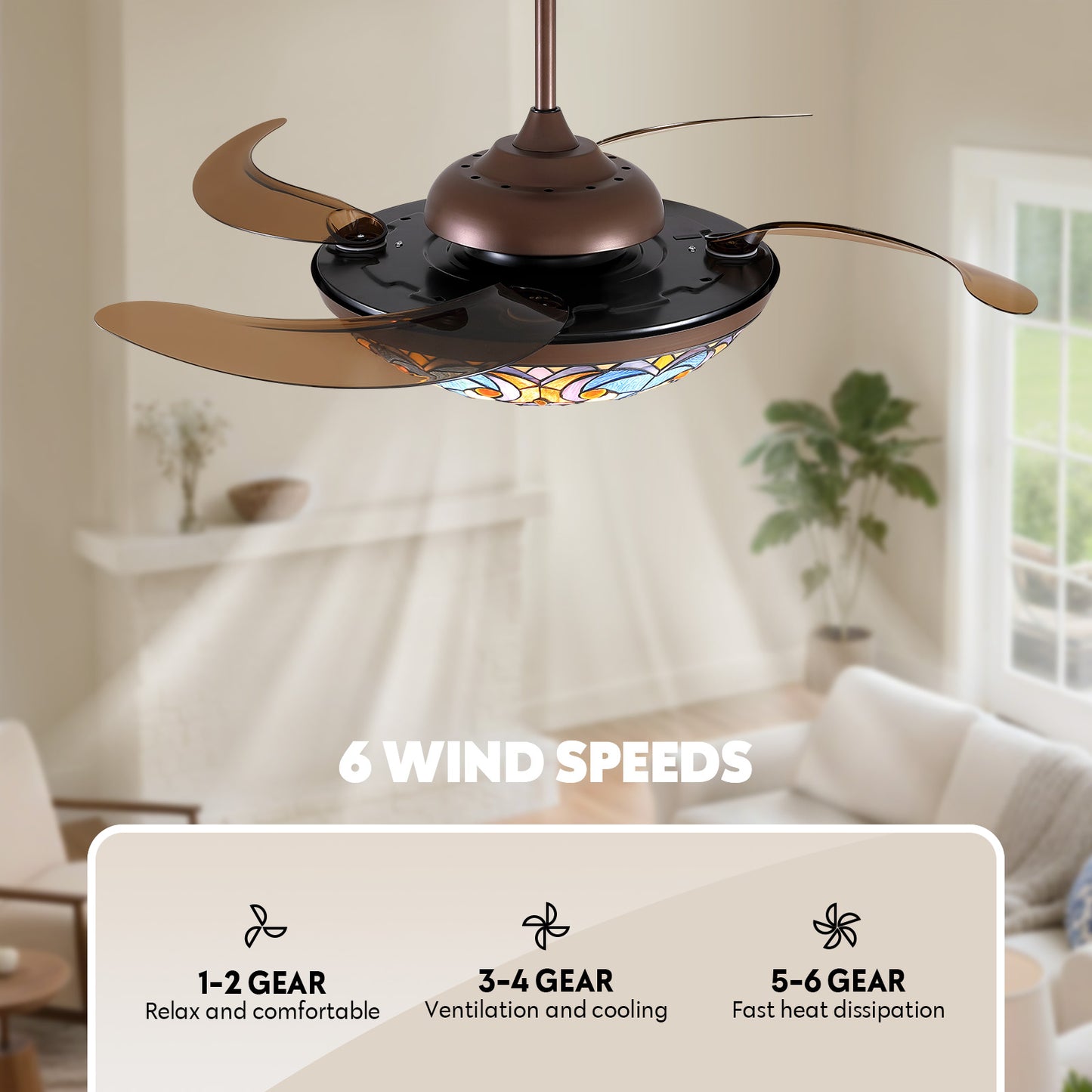 52in Brown Tiffany Vintage Fandelier Retractable Dimmable Ceiling Fan with Remote App Control