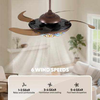 52in Brown Tiffany Vintage Fandelier Retractable Dimmable Ceiling Fan with Remote App Control