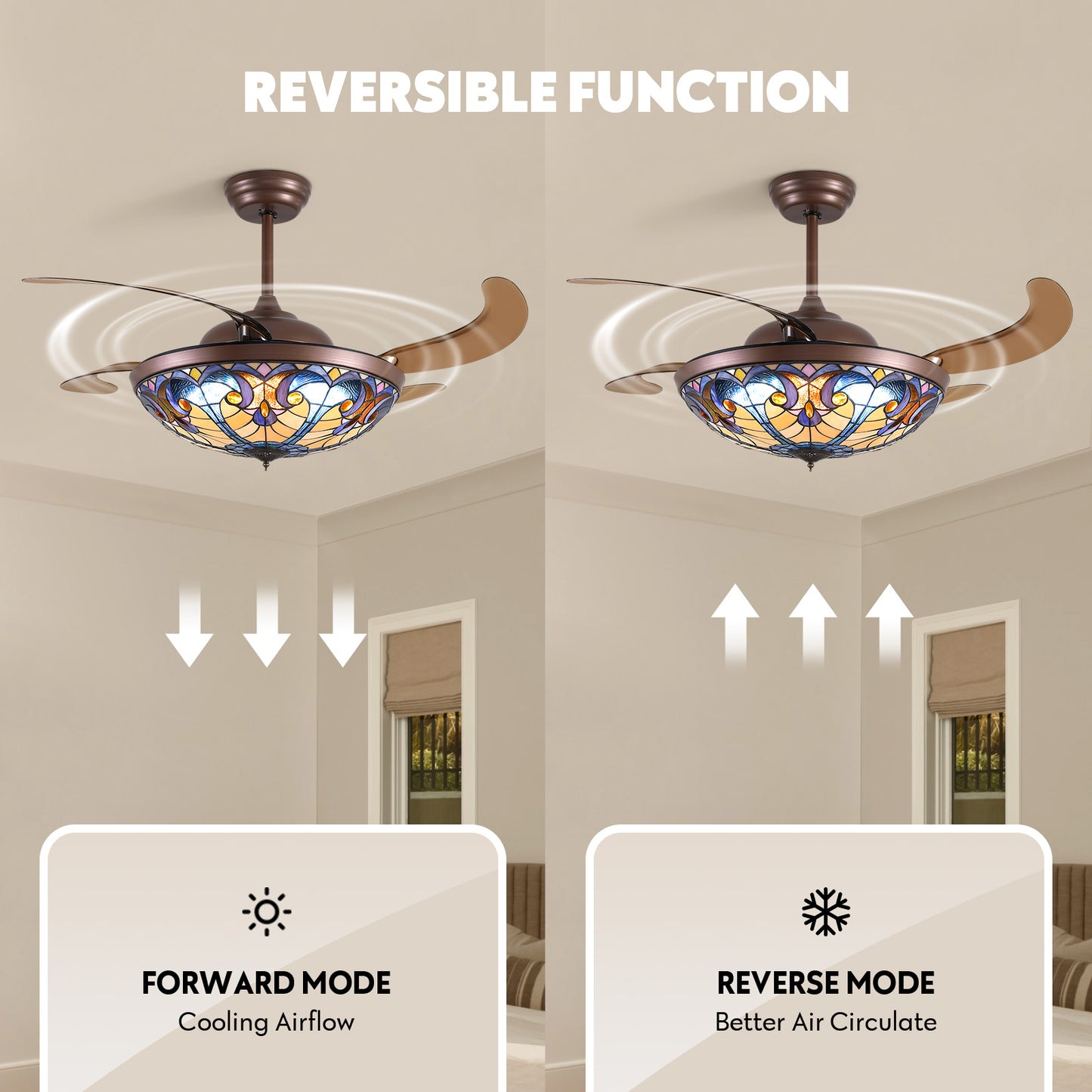 52in Brown Tiffany Vintage Fandelier Retractable Dimmable Ceiling Fan with Remote App Control