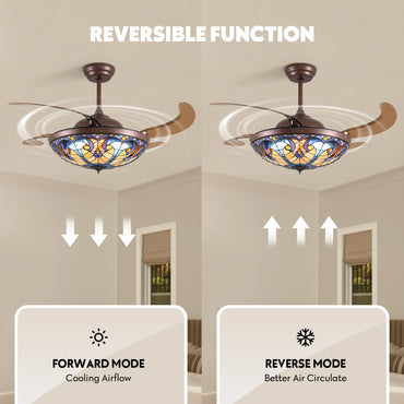 52in Brown Tiffany Vintage Fandelier Retractable Dimmable Ceiling Fan with Remote App Control