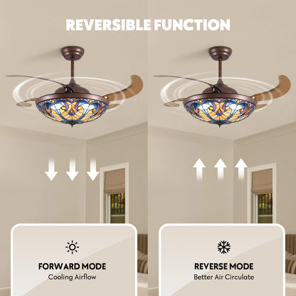 52in Brown Tiffany Vintage Fandelier Retractable Dimmable Ceiling Fan with Remote App Control