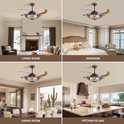 52in Brown Tiffany Vintage Fandelier Retractable Dimmable Ceiling Fan with Remote App Control