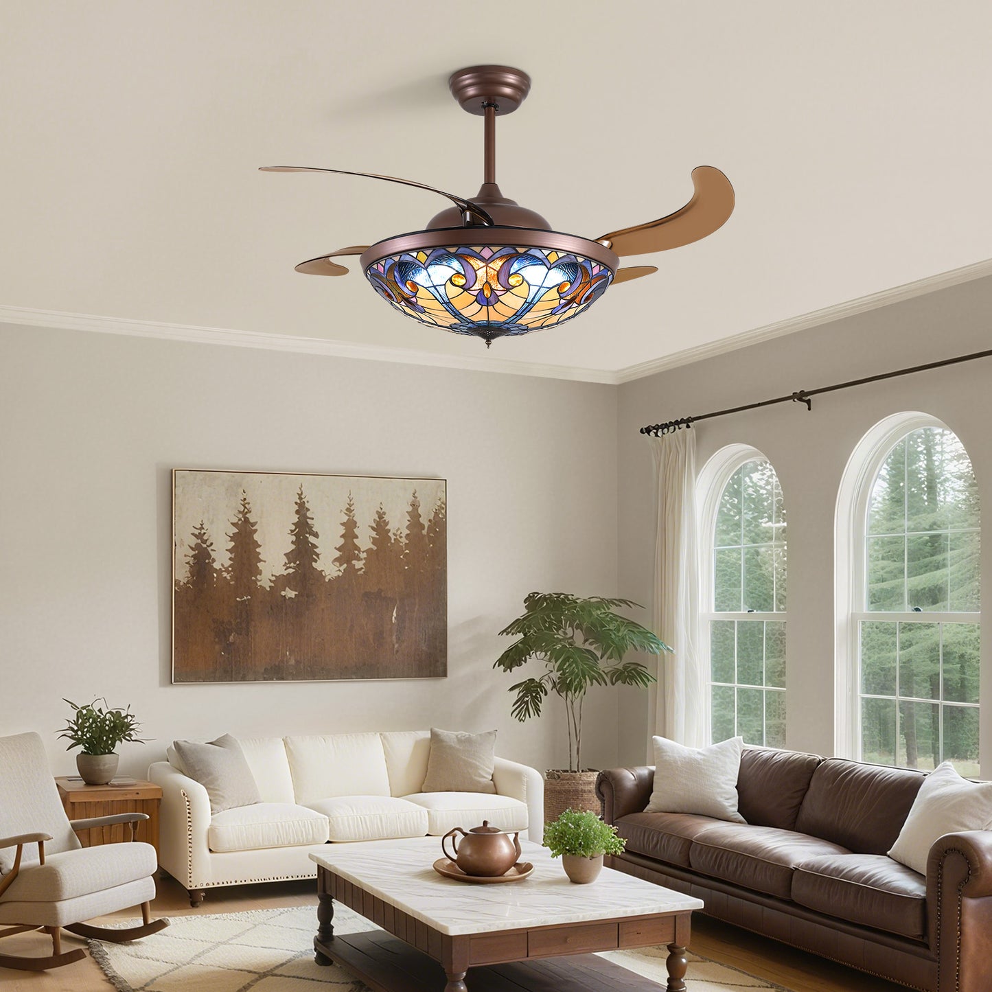 52in Brown Tiffany Vintage Fandelier Retractable Dimmable Ceiling Fan with Remote App Control