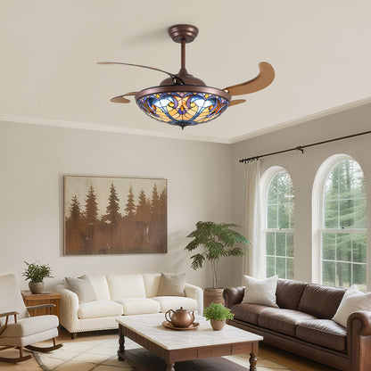 52in Brown Tiffany Vintage Fandelier Retractable Dimmable Ceiling Fan with Remote App Control