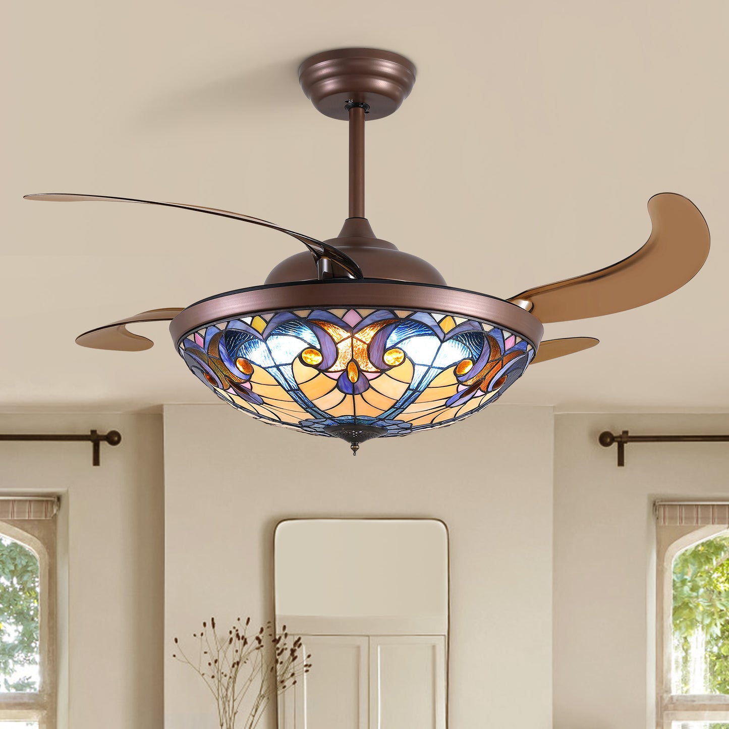 52in Brown Tiffany Vintage Fandelier Retractable Dimmable Ceiling Fan with Remote App Control