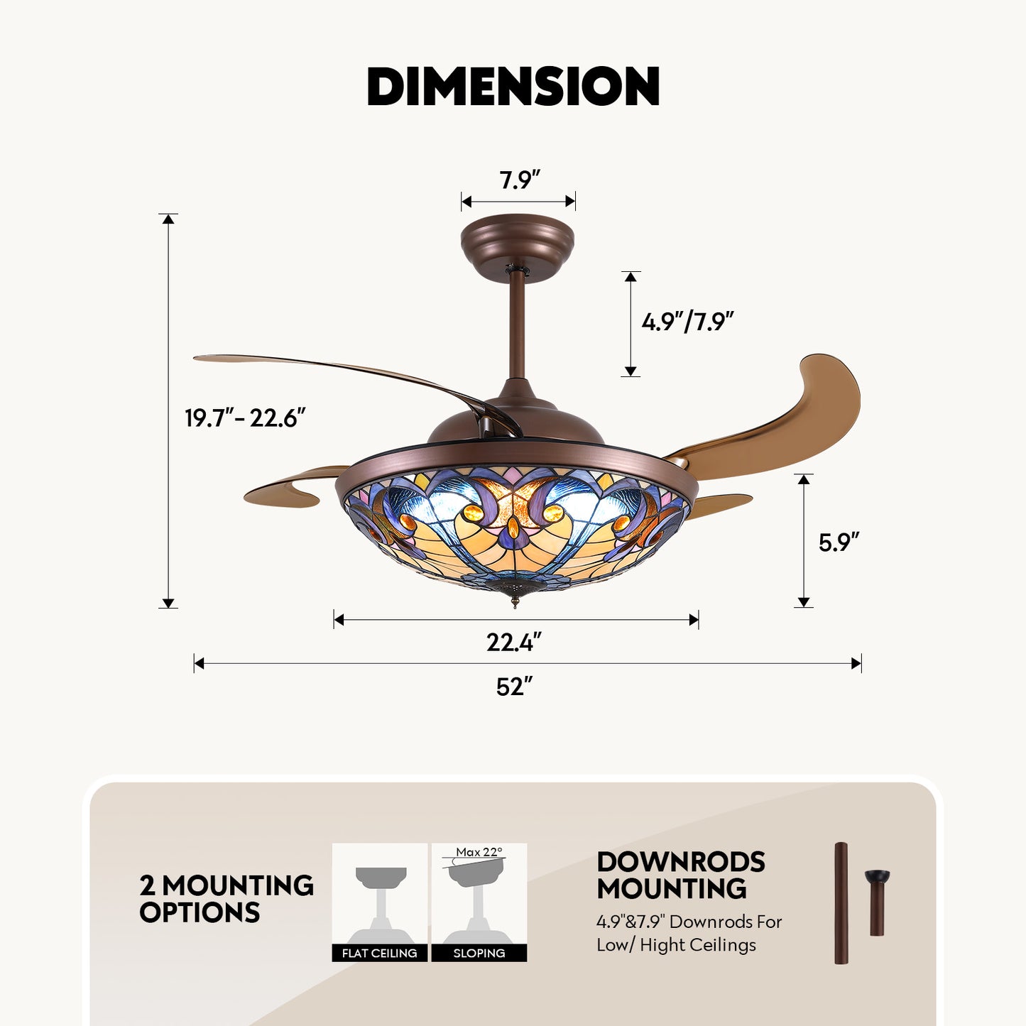52in Brown Tiffany Vintage Fandelier Retractable Dimmable Ceiling Fan with Remote App Control