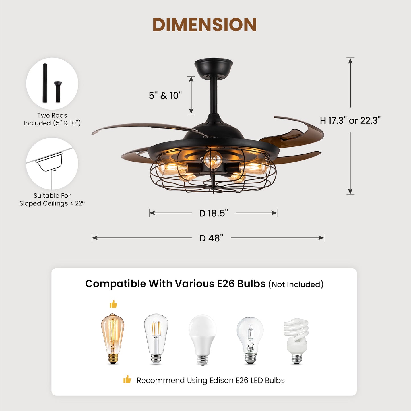 Industrial Black Cage Ceiling Fan with Light & Remote – Retractable Blades Vintage Edison Bulb Fan Light