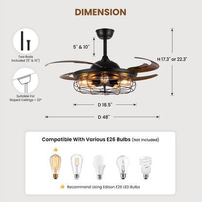 Industrial Black Cage Ceiling Fan with Light & Remote – Retractable Blades Vintage Edison Bulb Fan Light