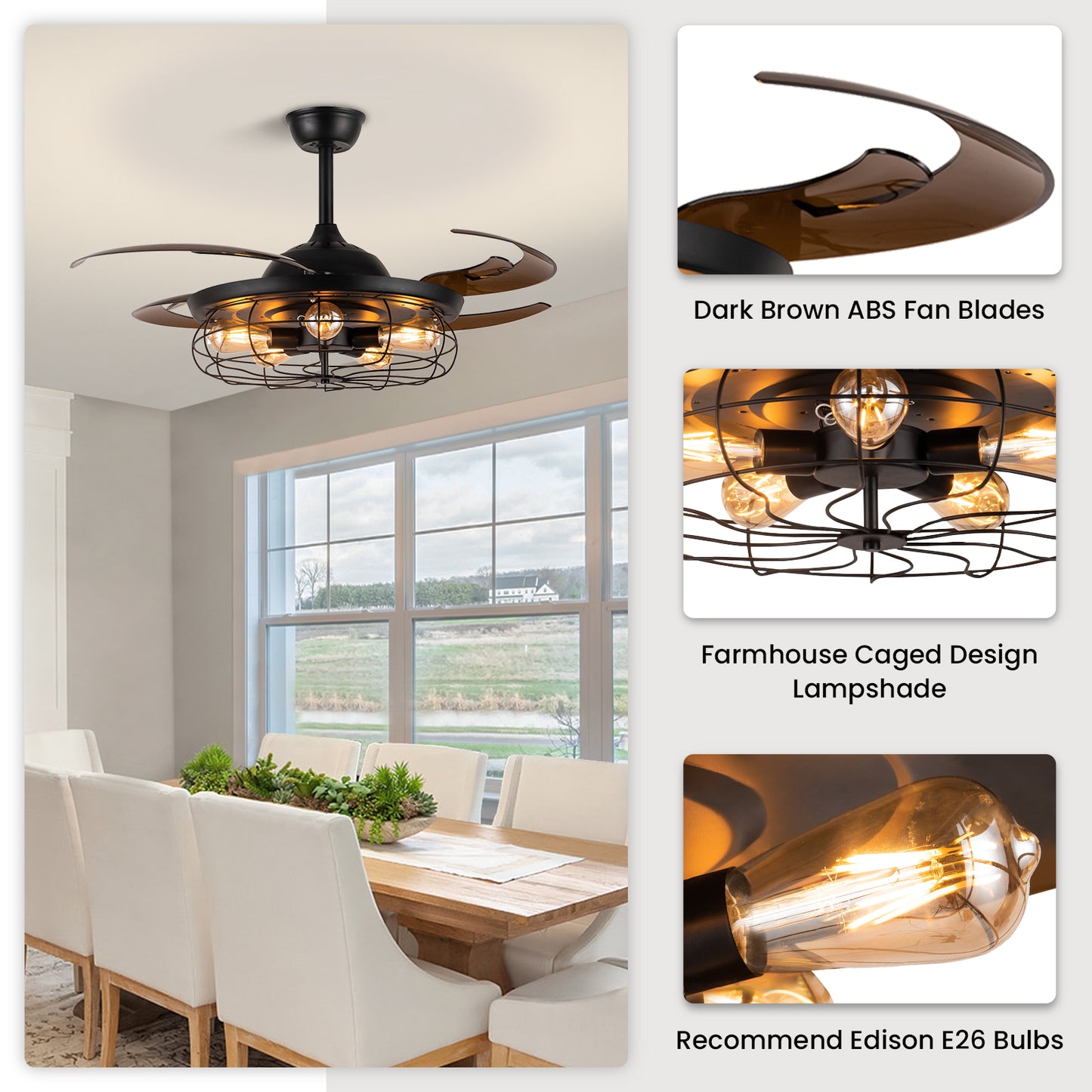 Industrial Black Cage Ceiling Fan with Light & Remote – Retractable Blades Vintage Edison Bulb Fan Light
