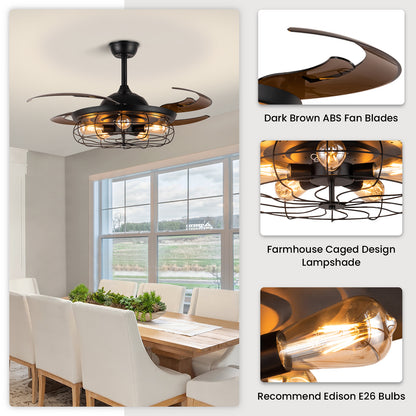 Industrial Black Cage Ceiling Fan with Light & Remote – Retractable Blades Vintage Edison Bulb Fan Light
