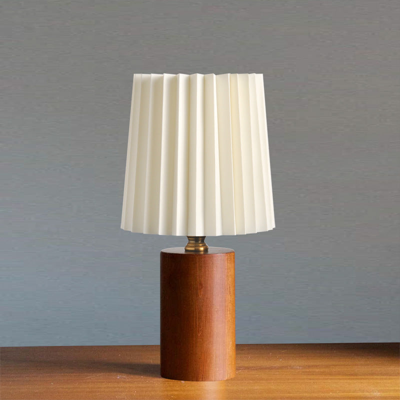Compact Pleated Fabric Table Lamp with Round Wooden Base - Ambient Light for Nightstands & Desks