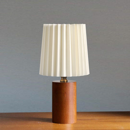 Compact Pleated Fabric Table Lamp with Round Wooden Base - Ambient Light for Nightstands & Desks