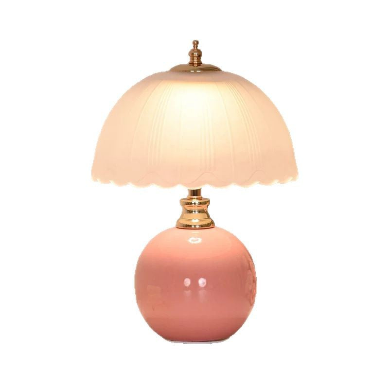 Pastel Pink Table Lamp with Scalloped Glass Shade - Soft Glow for Cozy Aesthetic Decor