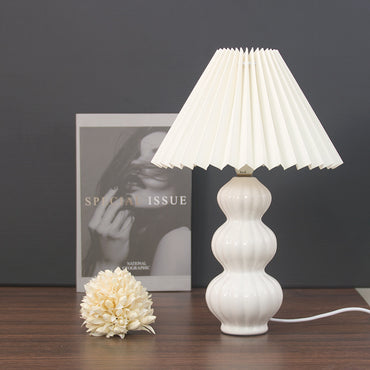 Vintage Ribbed Ceramic Lamp with Pleated Fabric Shade - Soft Warm Glow for Cozy Aesthetic Decor