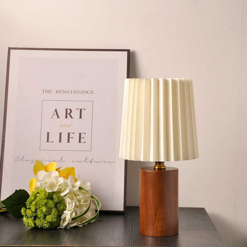 Compact Pleated Fabric Table Lamp with Round Wooden Base - Ambient Light for Nightstands & Desks