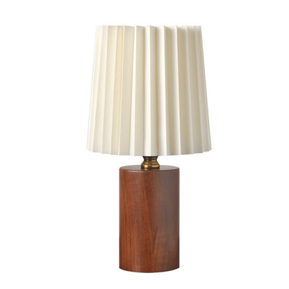 Compact Pleated Fabric Table Lamp with Round Wooden Base - Ambient Light for Nightstands & Desks