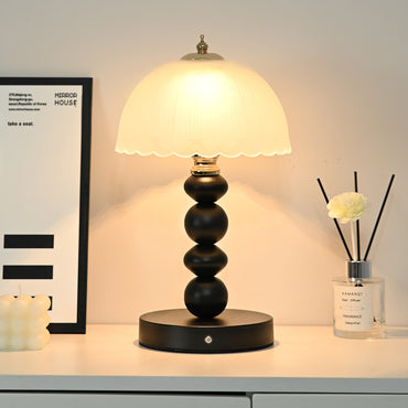 Black Beaded Base Table Lamp with Dome Glass Shade - Soft Warm Light for Cozy Aesthetic Decor