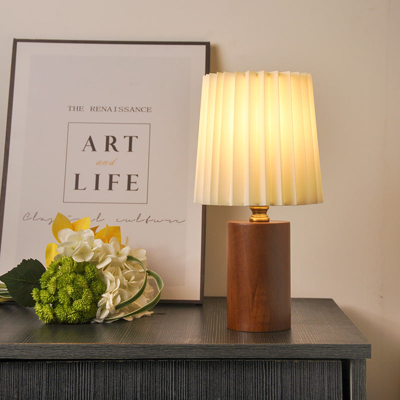 Compact Pleated Fabric Table Lamp with Round Wooden Base - Ambient Light for Nightstands & Desks