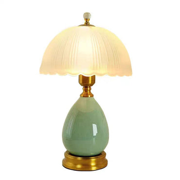 Retro Ceramic Table Lamp with Ribbed Glass Shade & Gold Accents - Soft Glow for Cottagecore Decor