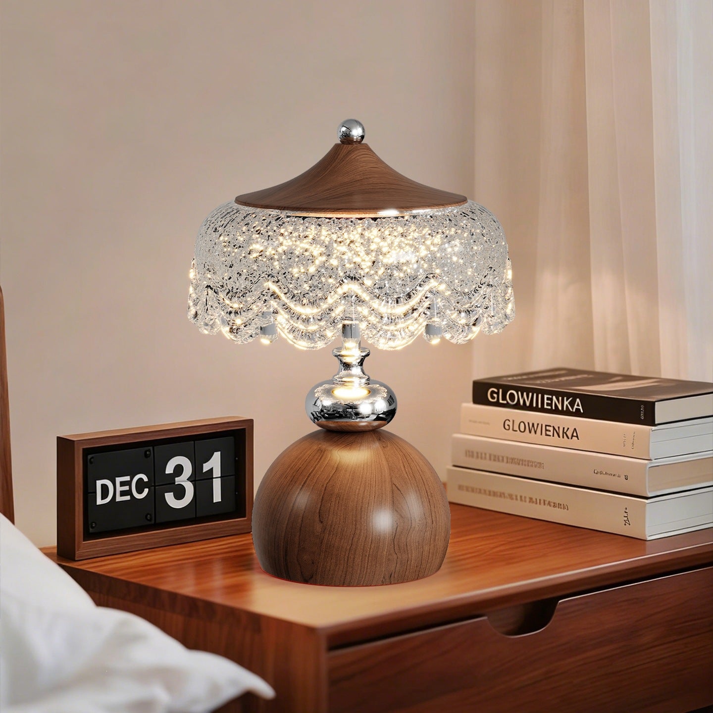 Retro Mushroom Table Lamp with Textured Glass & Wood Accents - Warm Glow for Cozy Aesthetic Decor
