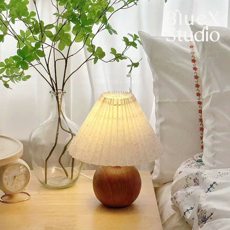 Minimalist Table Lamp with Wood Grain Base & Pleated Fabric Shade - Soft Warm Glow