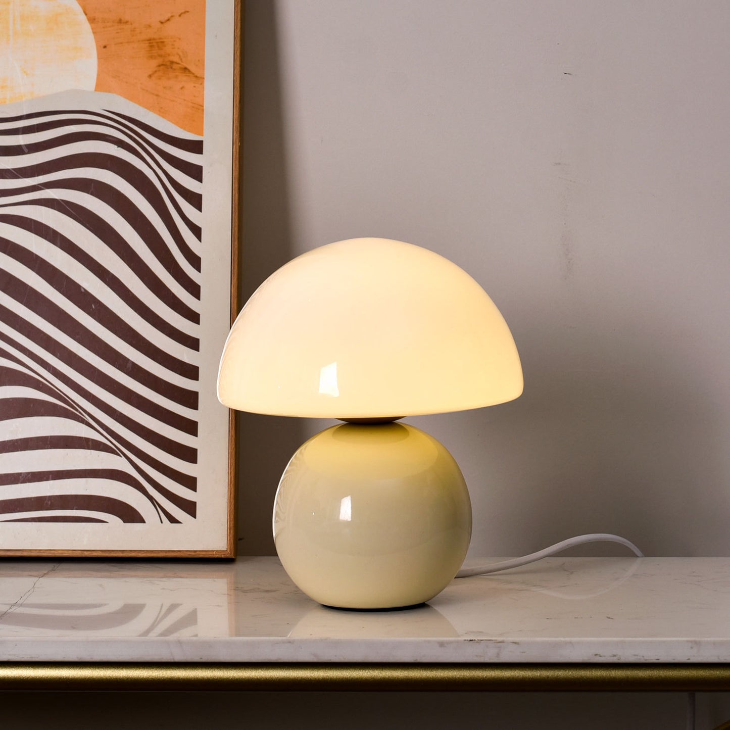 Cream Yellow Mushroom Table Lamp with Ceramic Base | Modern Bedside Lamp for Bedroom & Living Room